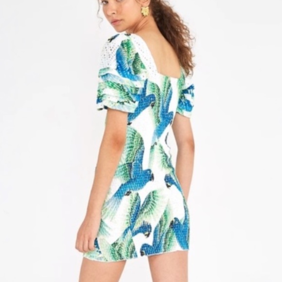 Farm Rio Araras Parrot Bird Print Eyelet Smocked Short Puff Sleeve Mini Dress - Picture 3 of 8